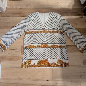 Vintage 1970s Women's Zipper Blouse Floral Striped Fall Long Sleeves M